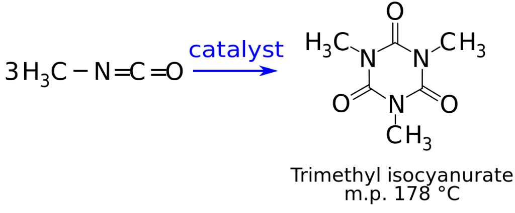 Chemical reaction depicting the formation of trimethyl isocyanurate from methyl isocyanate.